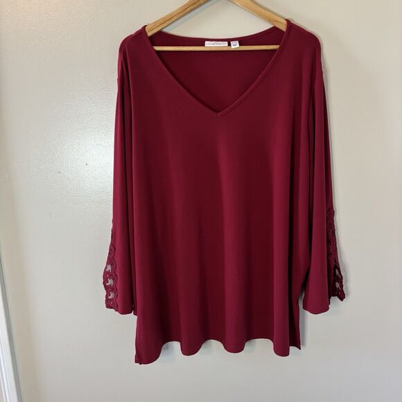 Susan Graver Liquid Knit Tunic Top Dark Red Lace Detail Mature Blouse Sz 3X - Picture 1 of 9